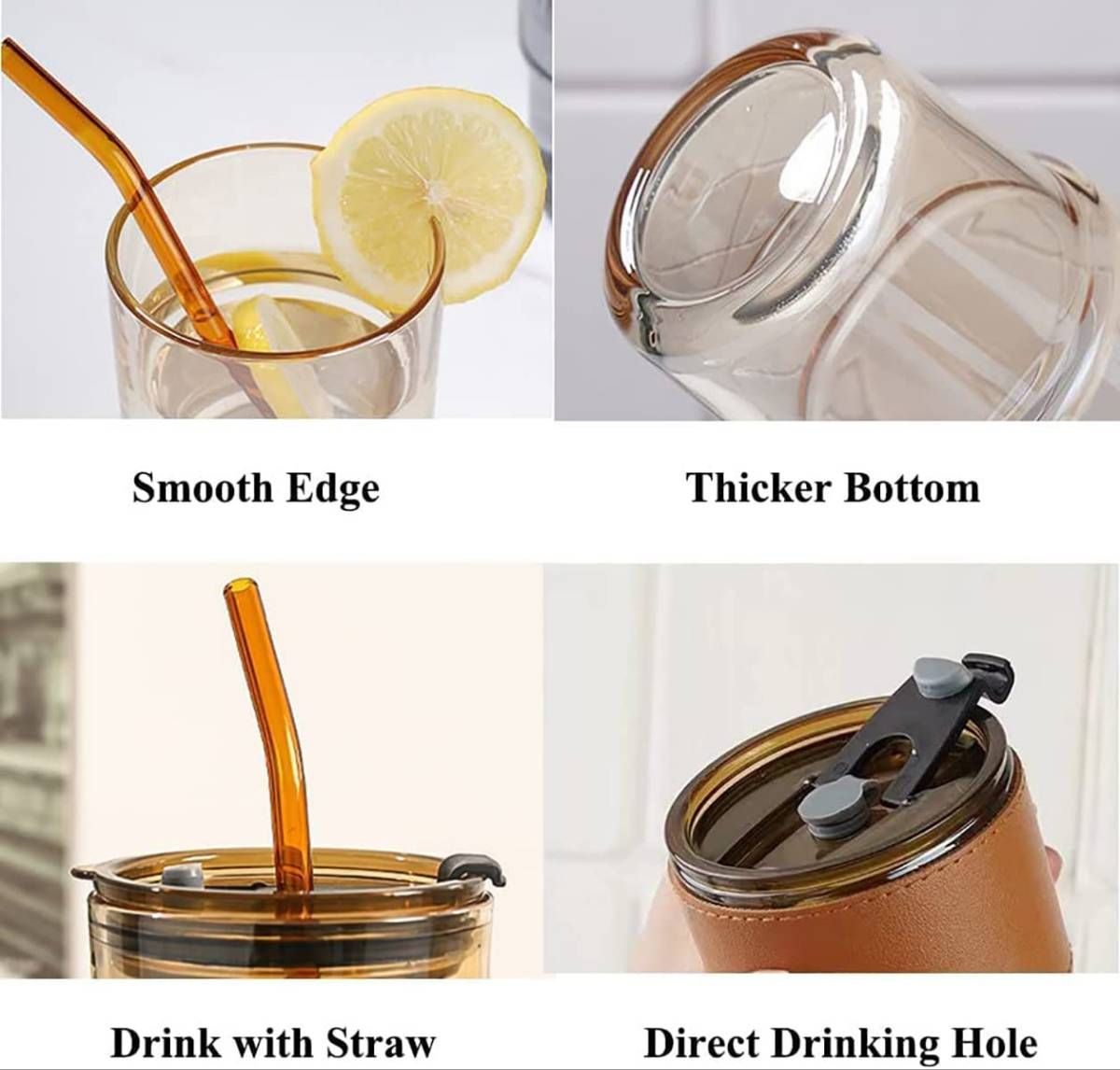 Glass Mason Jar with Heat Resistance Leather Grip Leakproof Lid & Straw (450 ml) image 3